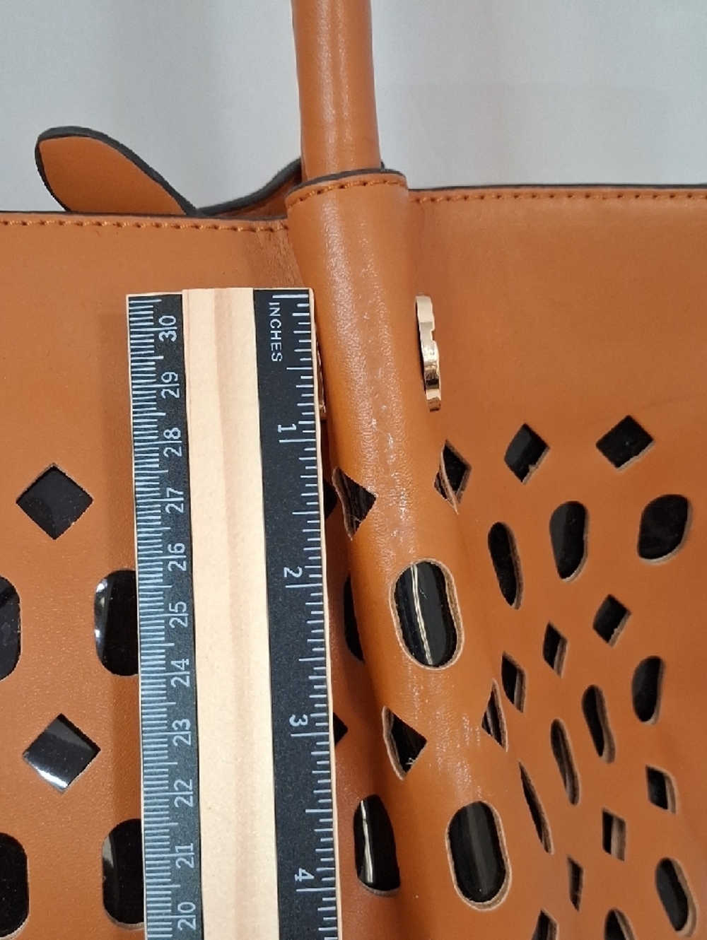 Tan Laser Cut Geometric Tote Bag Double Handle Oversized OS - Picture 8 of 14